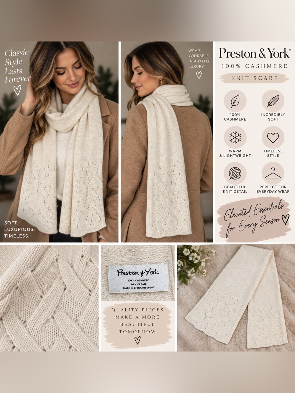 Preston & York Ivory Cashmere Knit Wrap Scarf